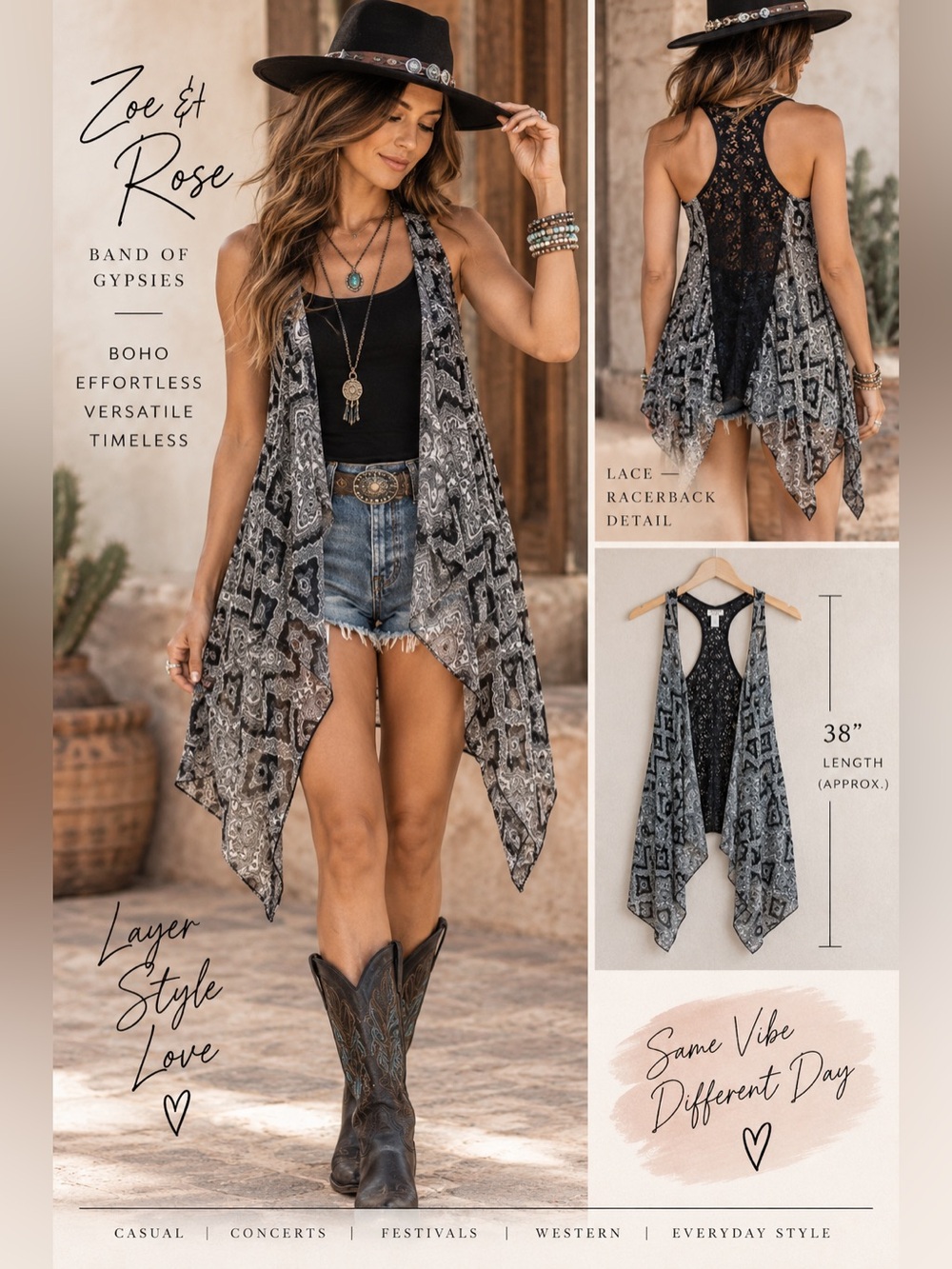 🖤 Zoe & Rose Band of Gypsies Boho Lace Back Draped Vest M